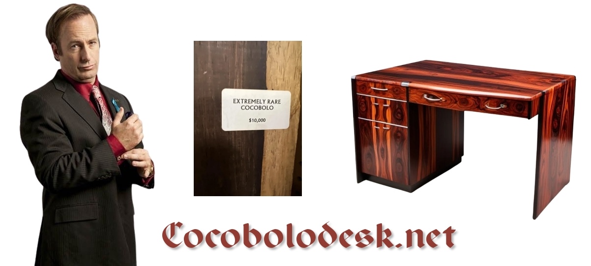 Cocobolodesk with colobolo wood in the center with price tag and saul goodman on the left